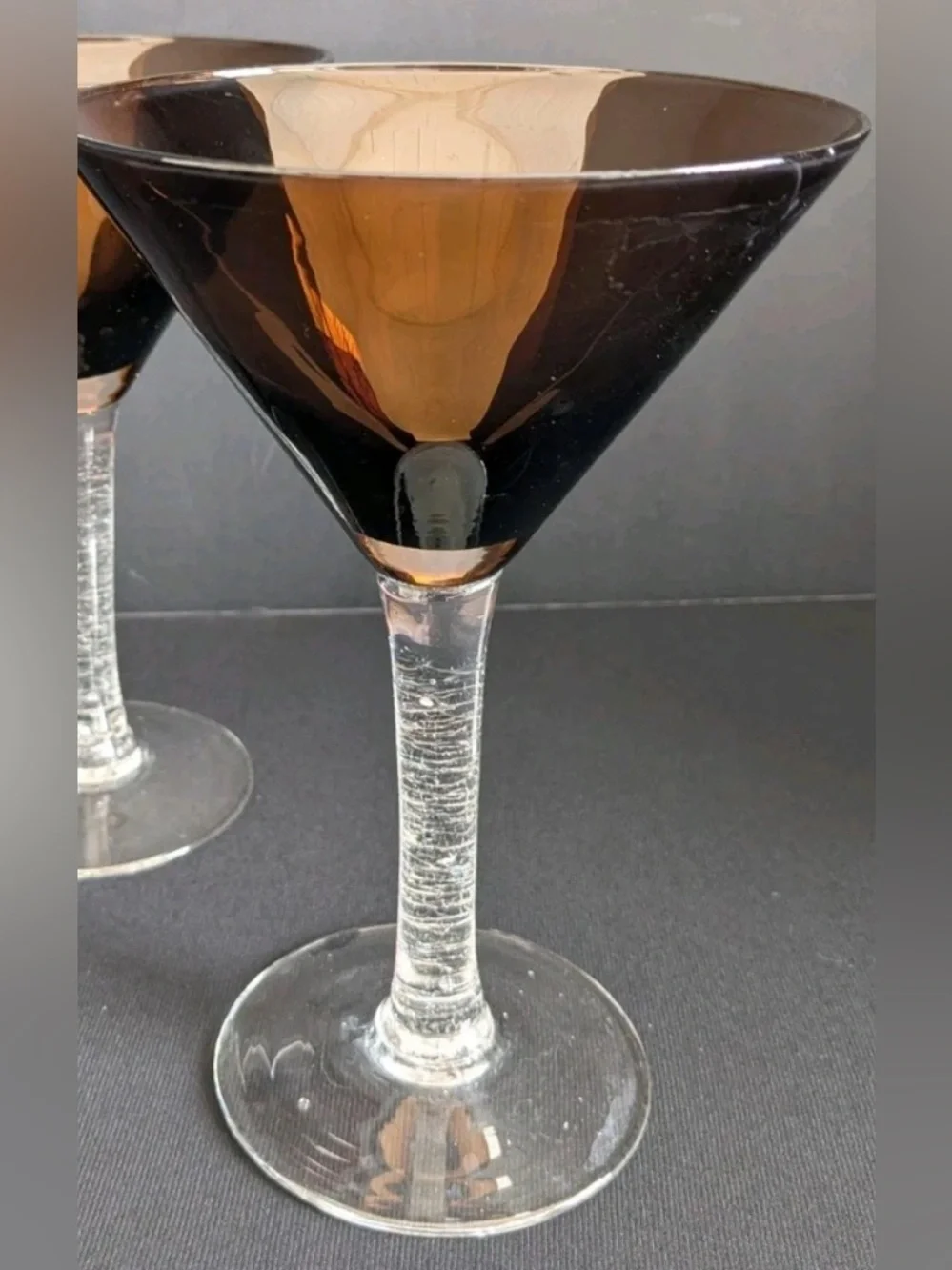 Pier 1 martini glass.  Smokey brown bowl  with a textured clear crackle stem.
